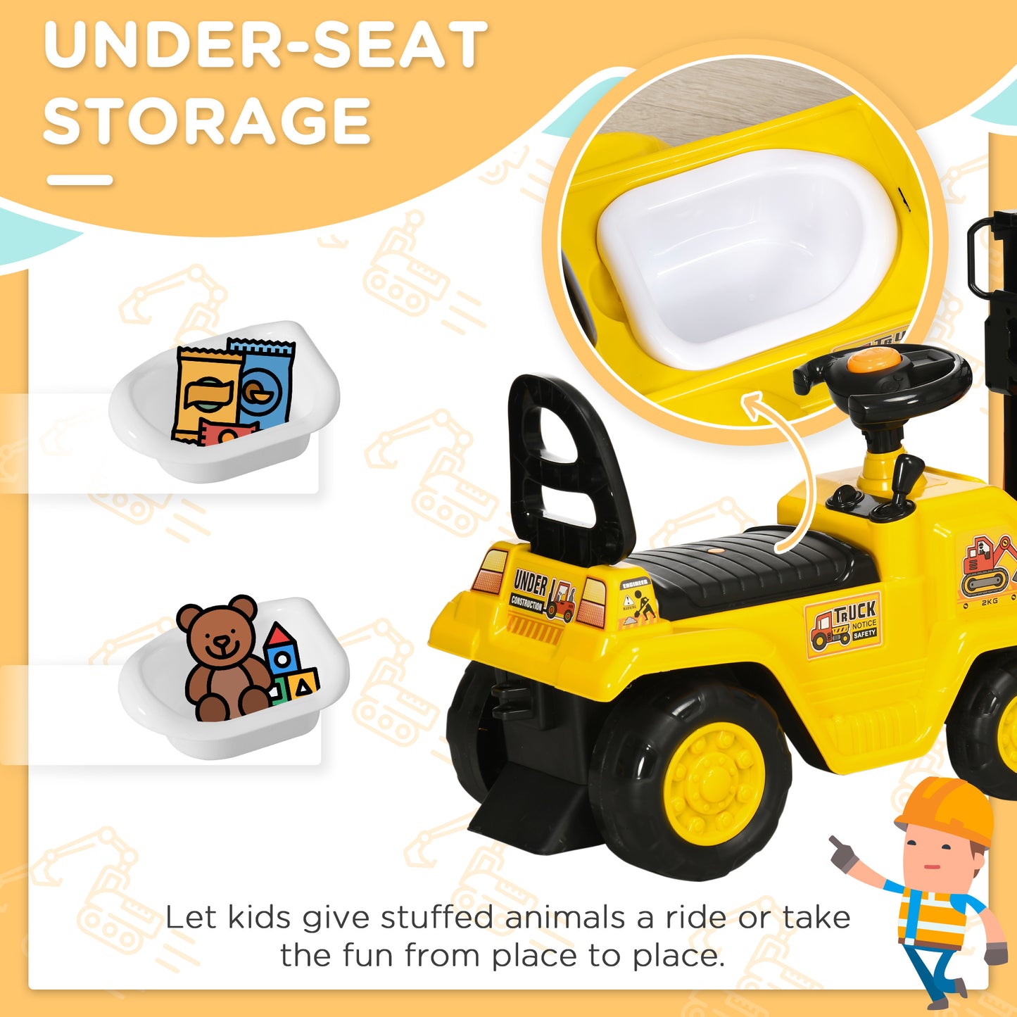Kids Ride-On Construction Car, with Fork, Tray, Sounds