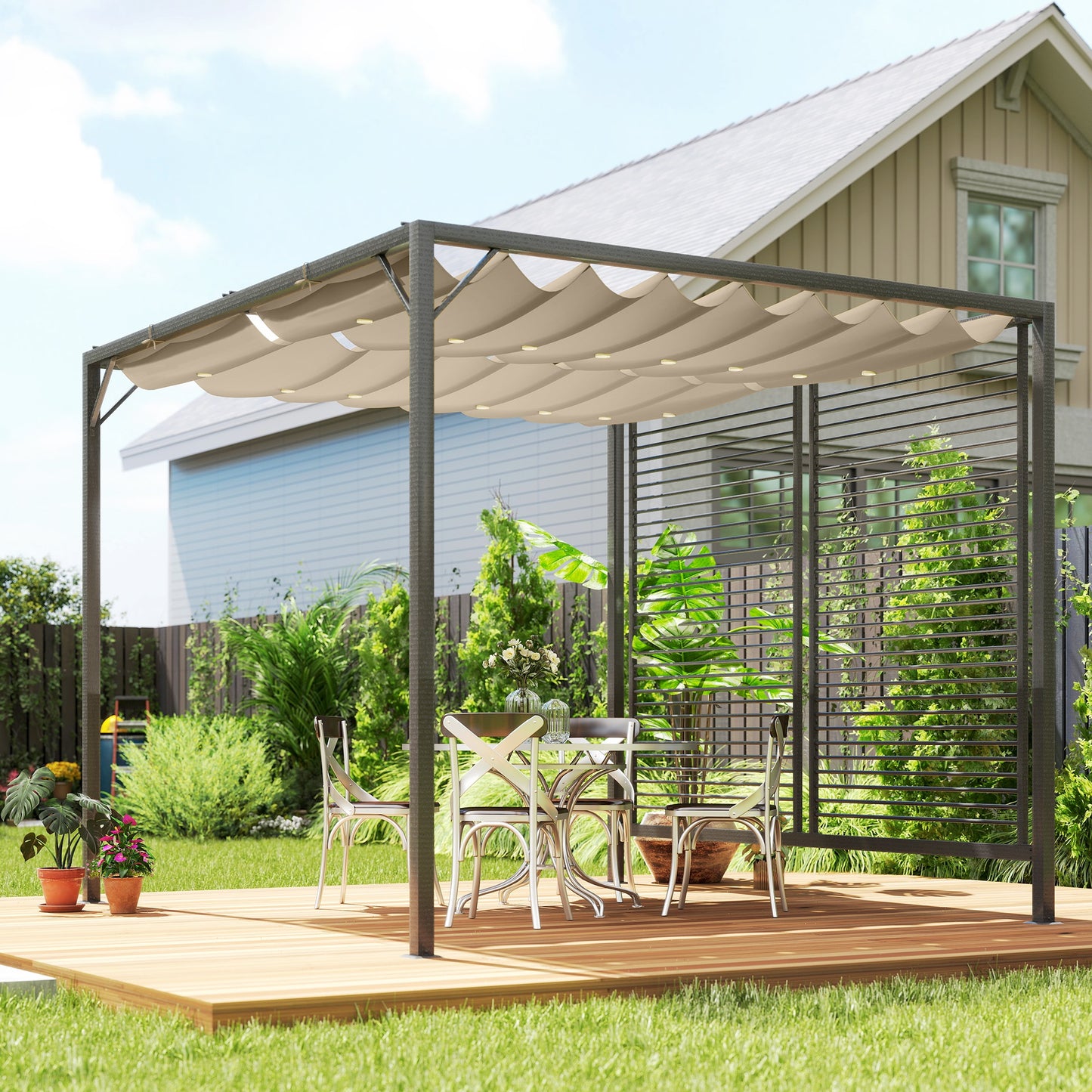 3 x 2.8m Metal Pergola, with Retractable Fabric Roof
