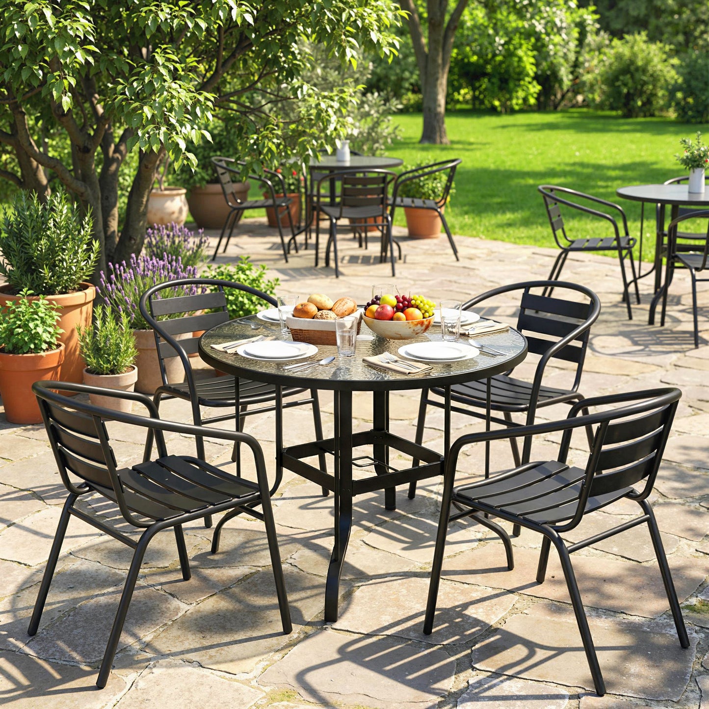 Tempered Glass Top Round Outdoor Dining Table with Parasol Hole
