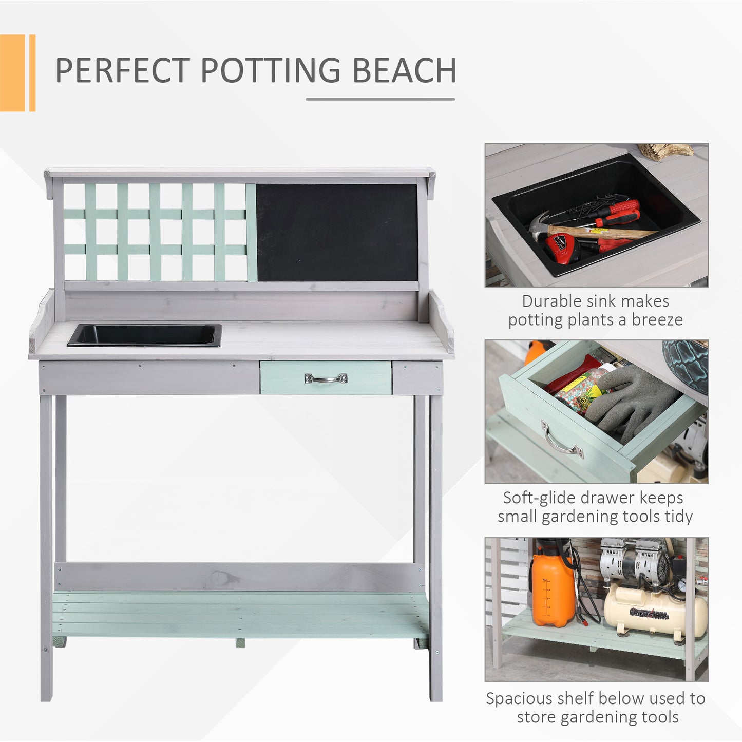 Garden Potting Table with Sink, Blackboard and Drawer