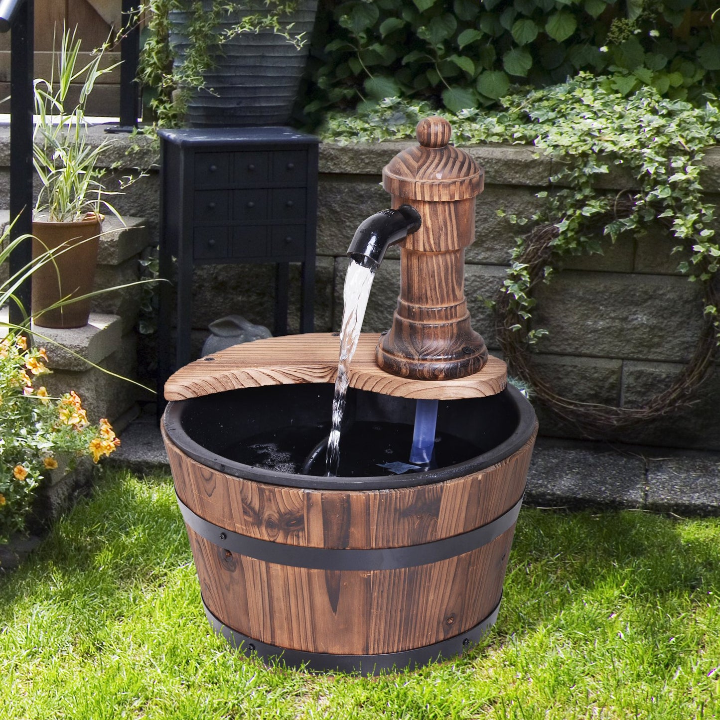 Wood Barrel Patio Water Fountain Garden Decorative Ornament Water