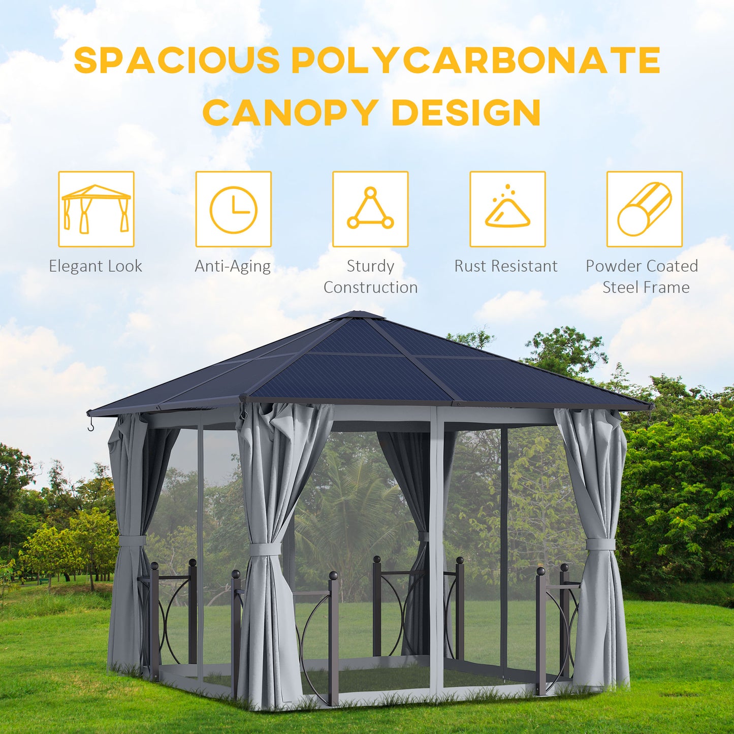 3 x 3(m) Hardtop Gazebo Canopy with Polycarbonate Roof
