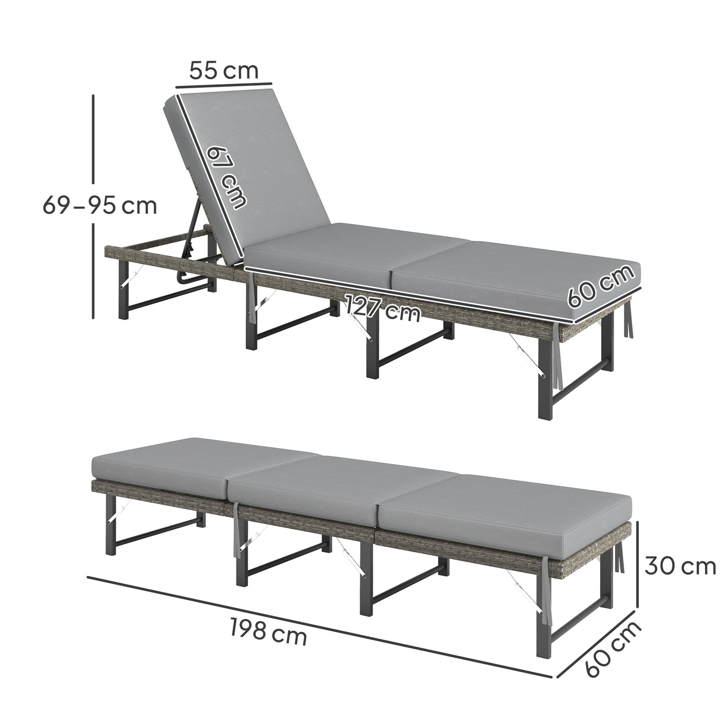 Single Folding Rattan Sun Lounger, with Cushion
