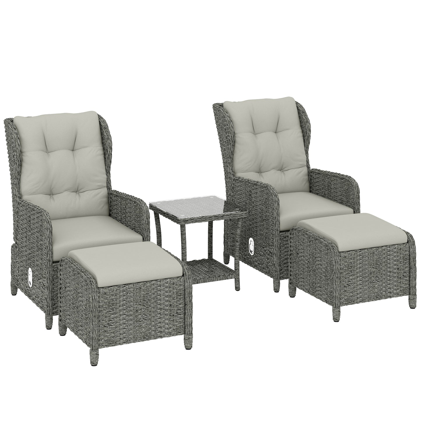 Rattan Reclining Garden Chair Set of 2 with Footstool and Cushion
