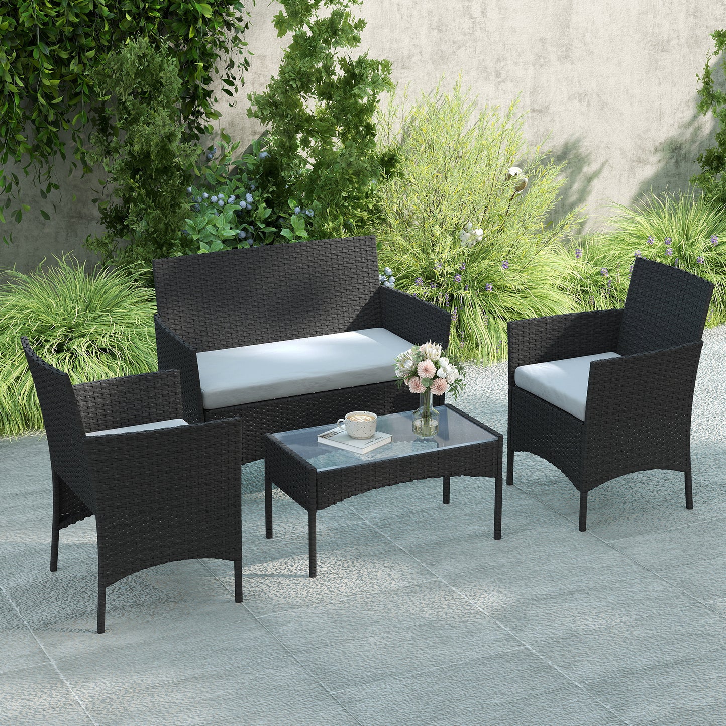 4 Piece Rattan Garden Furniture Sofa Set with Loveseat, Armchairs