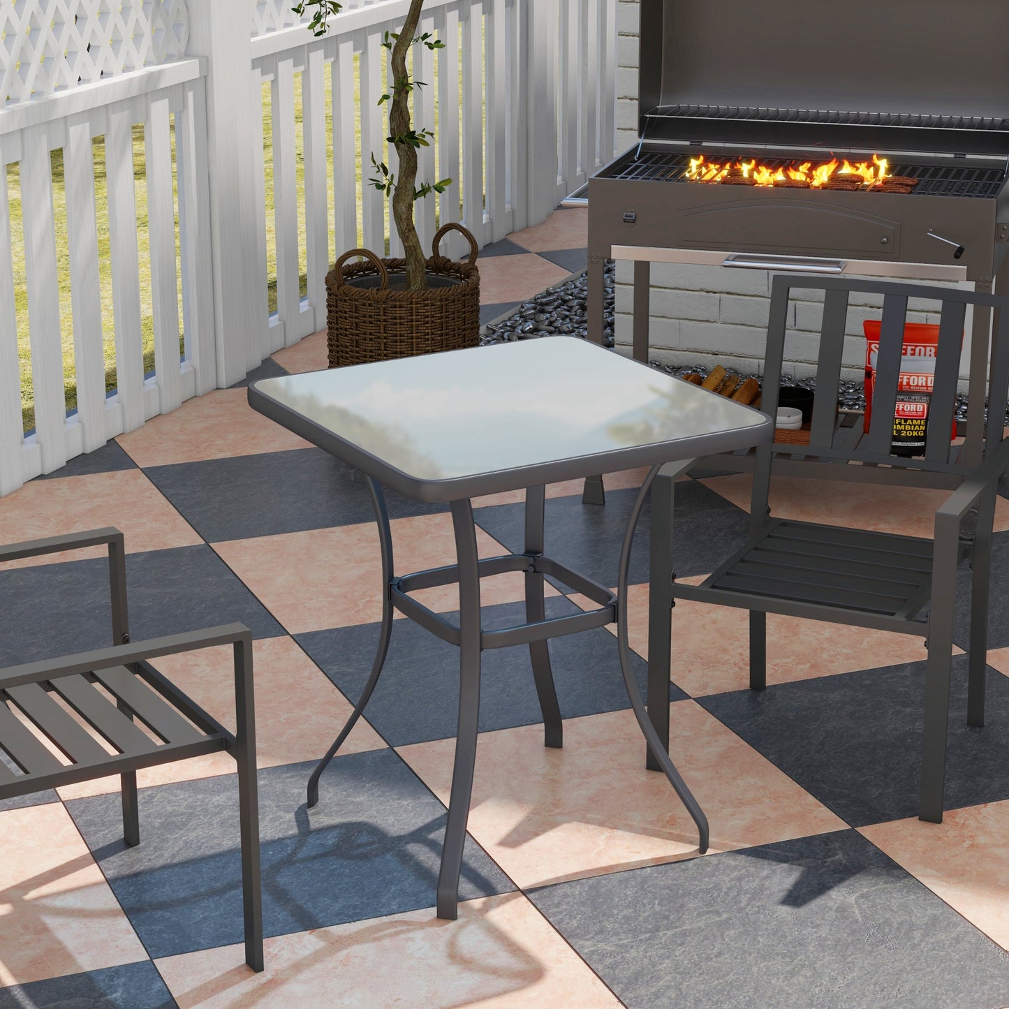 Square Garden Table, Outdoor Coffee Table with Tempered Glass Top