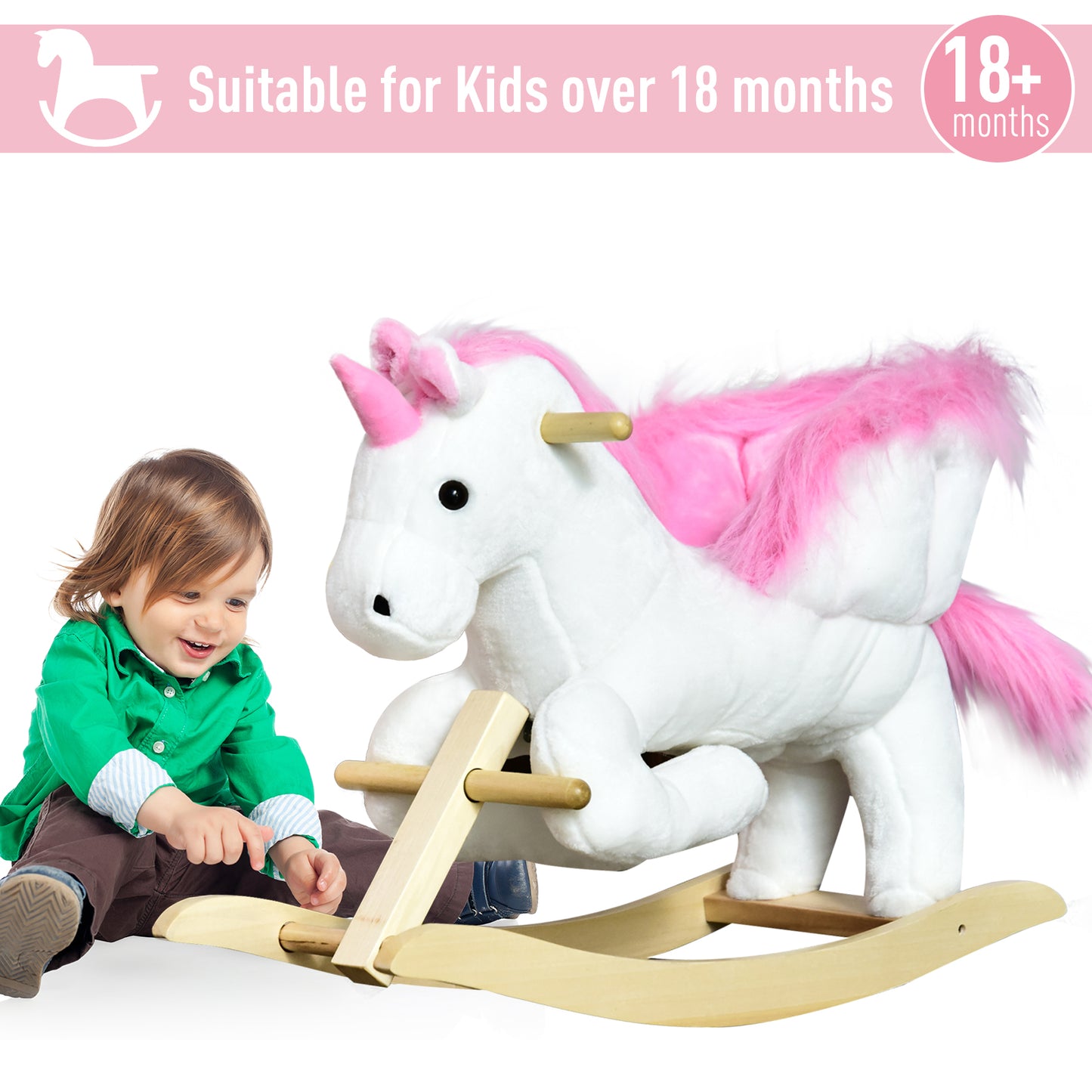 Kids Rocking Horse Toy, Plush Unicorn Rocker Seat with Wood Base