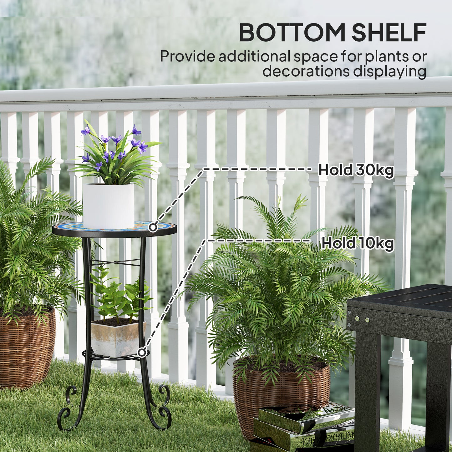 Mosaic Garden Table, 35.5 cm Round Outdoor Table with Shelf