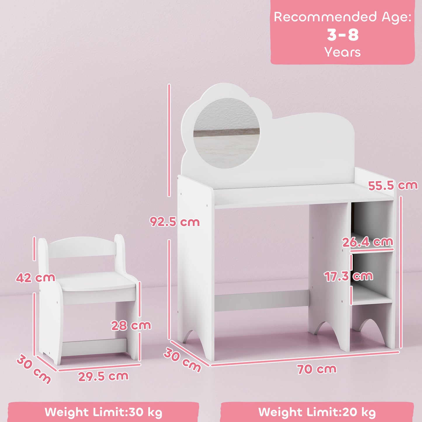 Kids Dressing Table with Mirror, Stool
