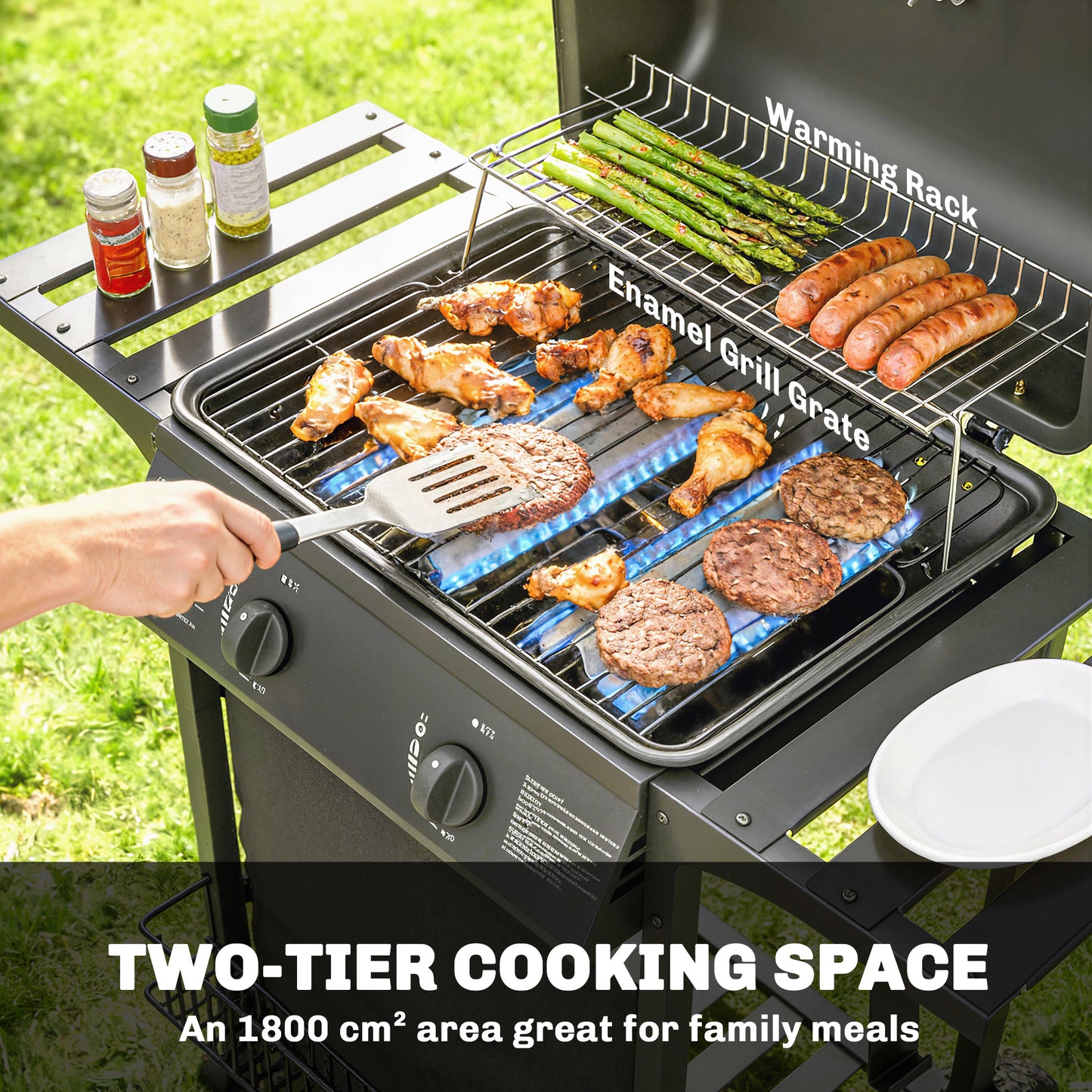 Gas Burner Barbecue Grill, 2 Burner Gas Grill with Side Tables