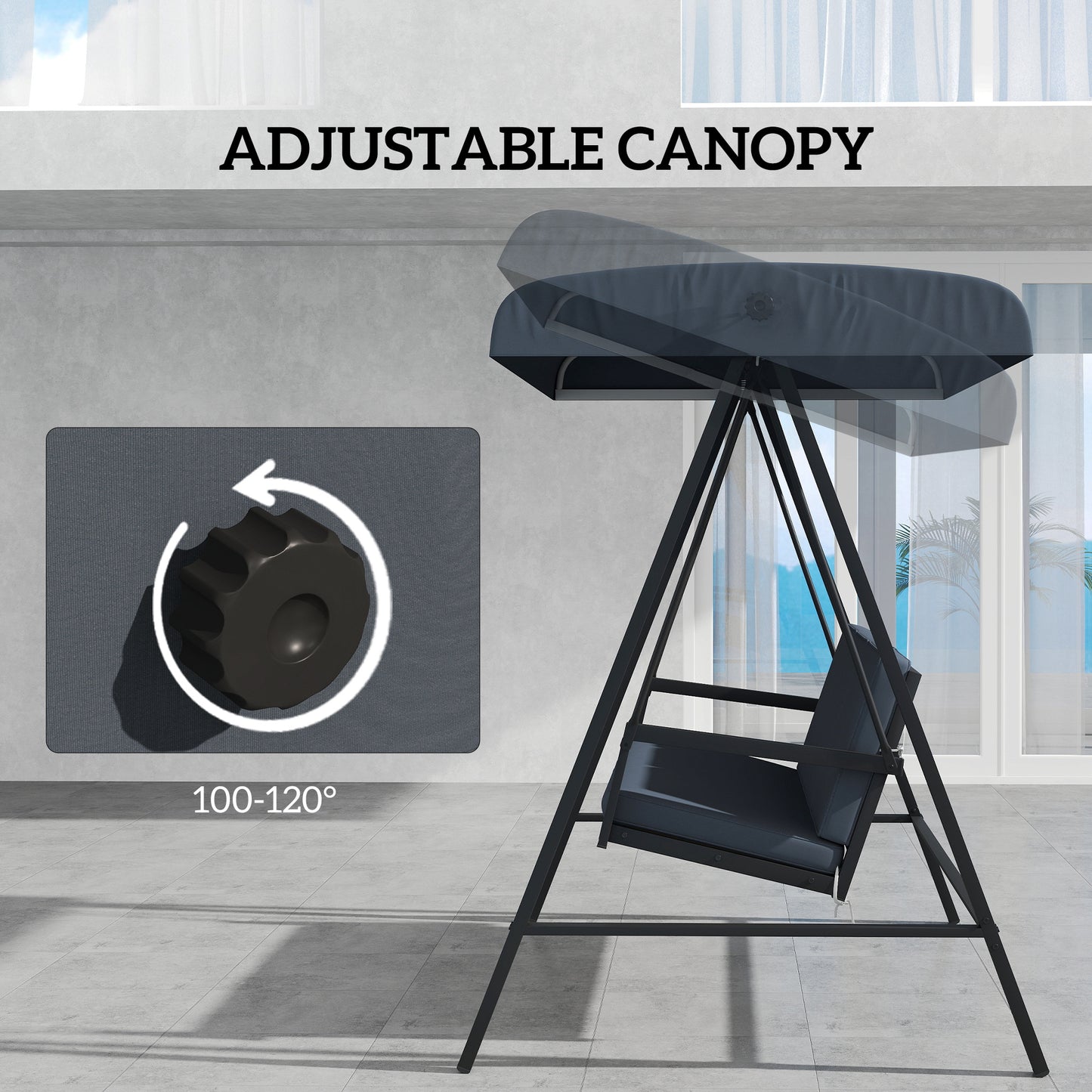 Three-Seat Garden Swing Chair, with Adjustable Canopy