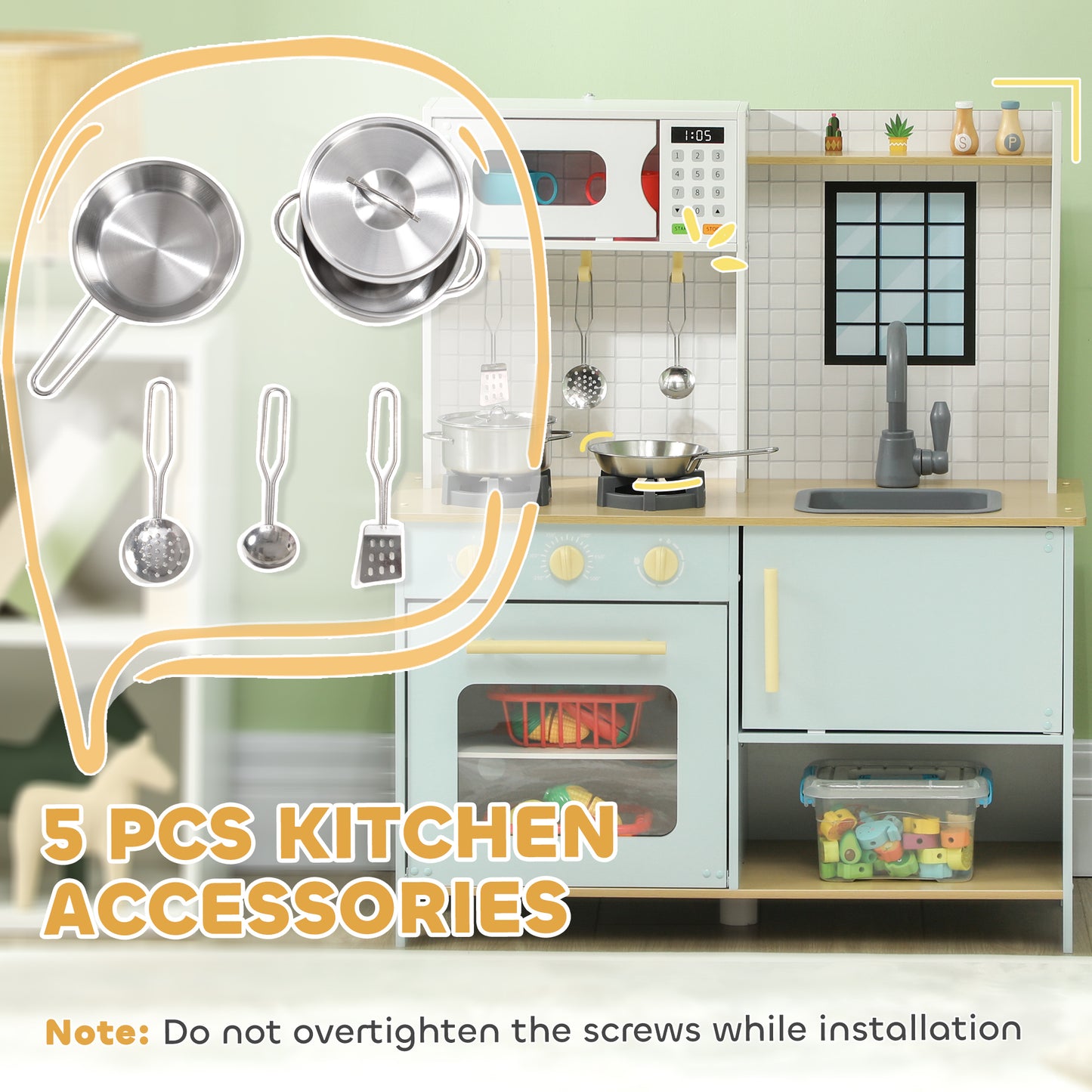 Pretend Play Kitchen, Kids Kitchen Playset with Light & Sound Stove