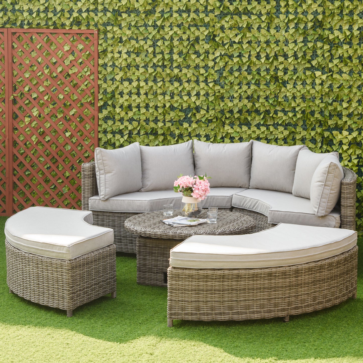 5 Pieces Outdoor PE Rattan Round Garden Daybed with Cushions