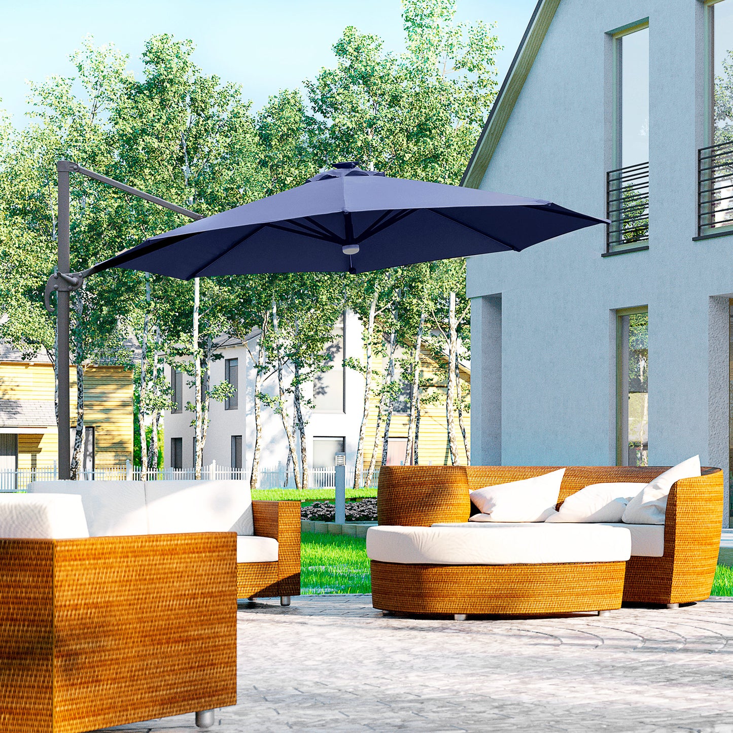 3(m) LED Cantilever Parasol Outdoor Sun Umbrella w/ Base Solar Lights