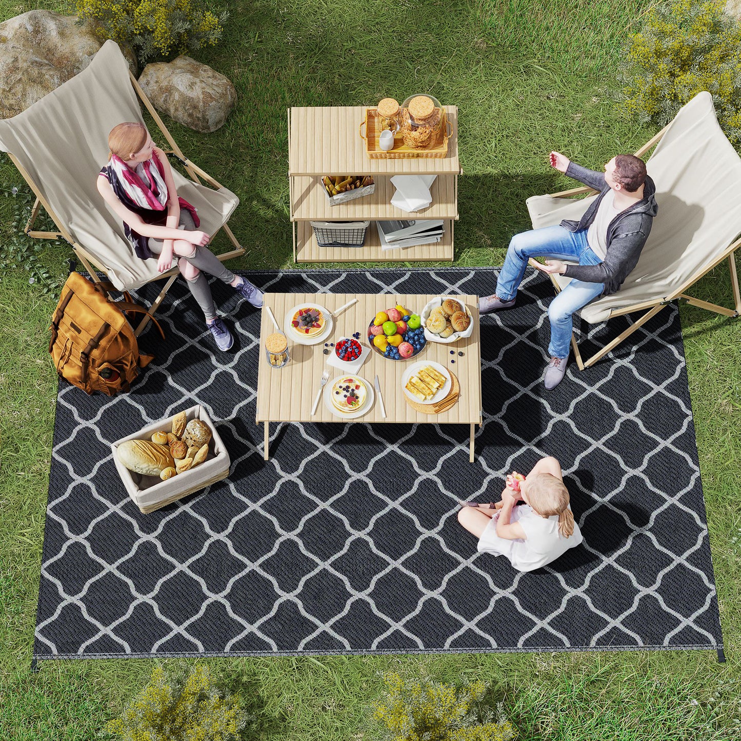 Reversible Outdoor Rug, Plastic Straw Mat w/ Carry Bag Ground Stakes