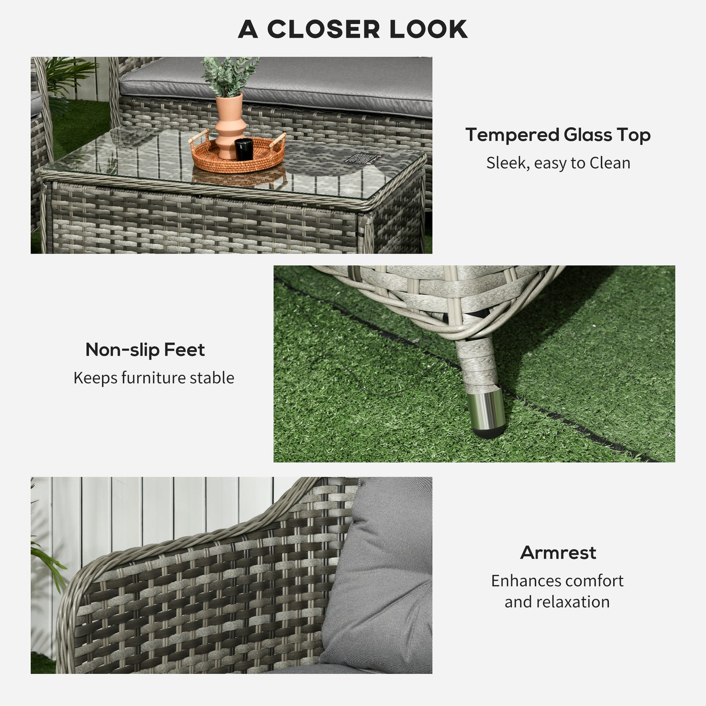 Four-Piece Rattan Sofa Set, with Glass-Top Table