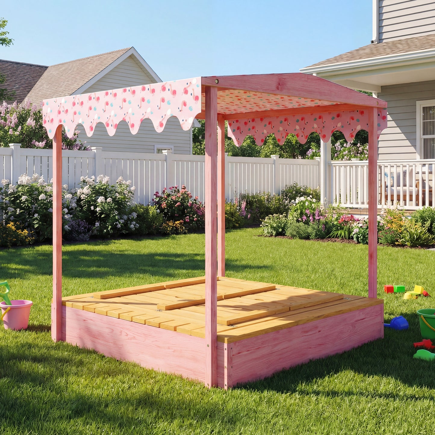 Wooden Sandbox with Lid, Flamingos Print Canopy