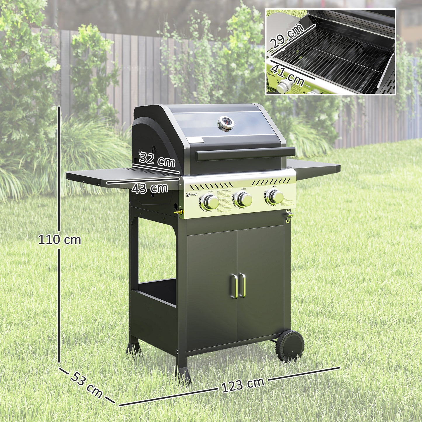 7.5kW Three-Burner Gas BBQ Grill, with See-Through Lid