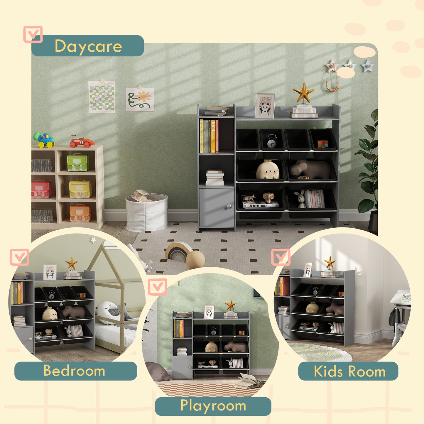 Toy Storage Unit with 8 Removable Bins, Storage Shelves, Cabinet