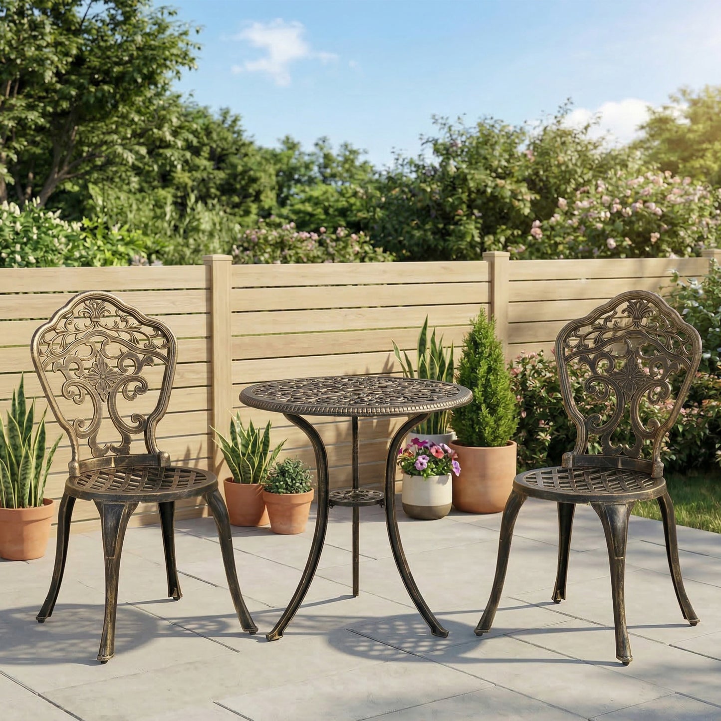 3 Piece Cast Aluminium Garden Bistro Set for 2 with Parasol Hole