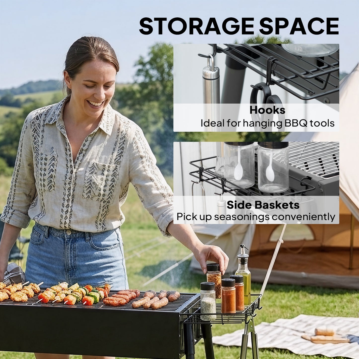 Portable Charcoal BBQ Grill with Seasoning Baskets