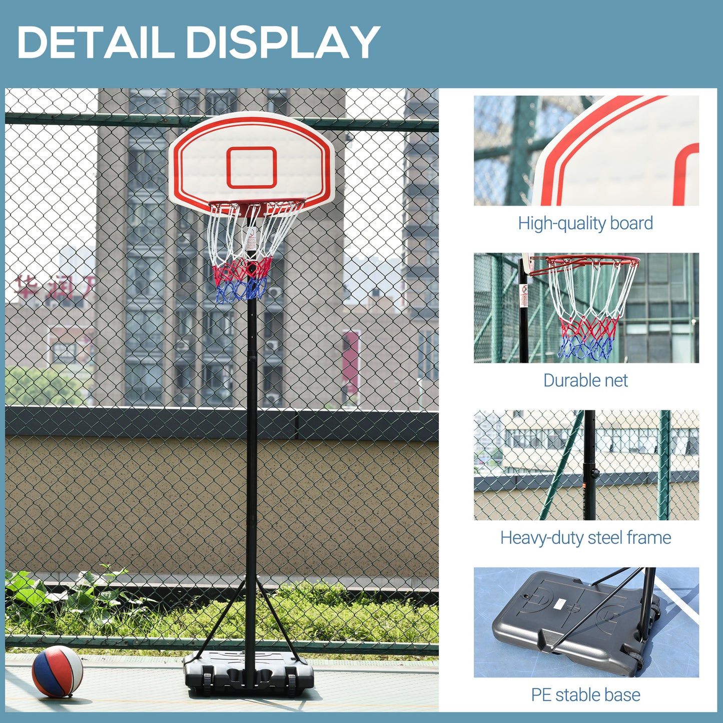 Portable Basketball Stand 170-197cm Adjustable Height Sturdy Rim