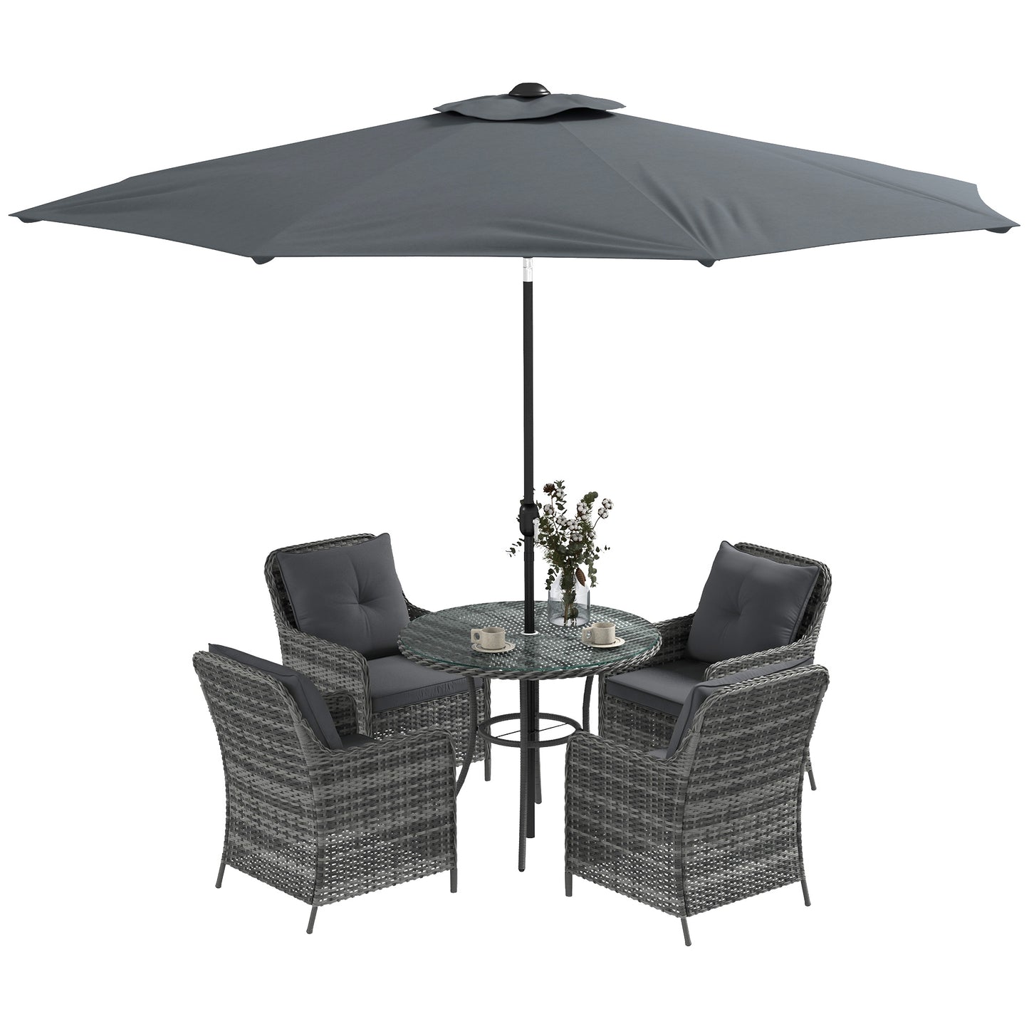 4 Seater Rattan Dining Set with Parasol & Cushions