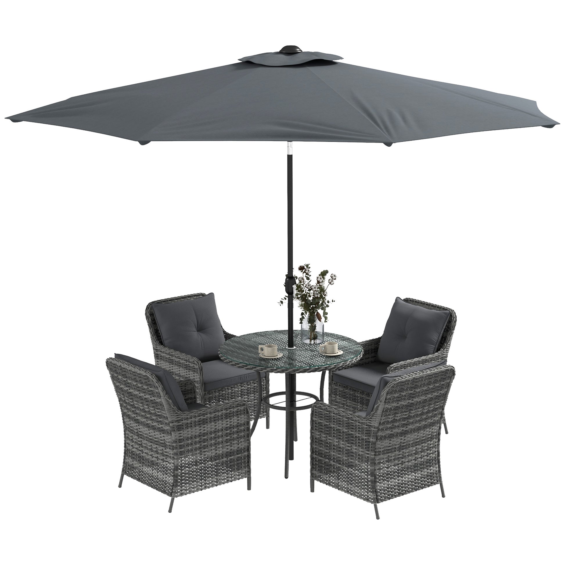 4 Seater Rattan Dining Set with Parasol & Cushions