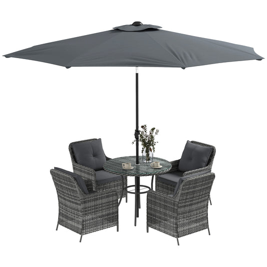 4 Seater Rattan Dining Set with Parasol & Cushions