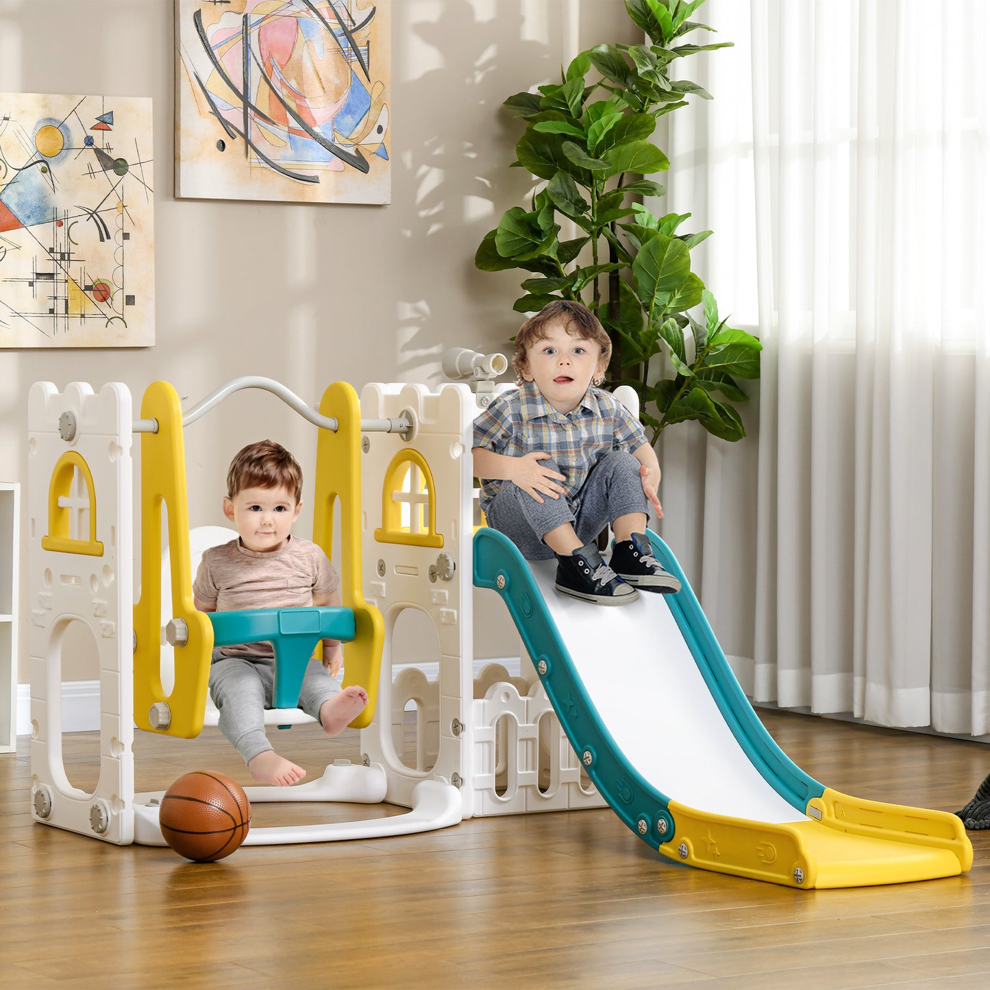 6-in-1 Swing and Slide Set, Kids Playground with Basketball Hoop