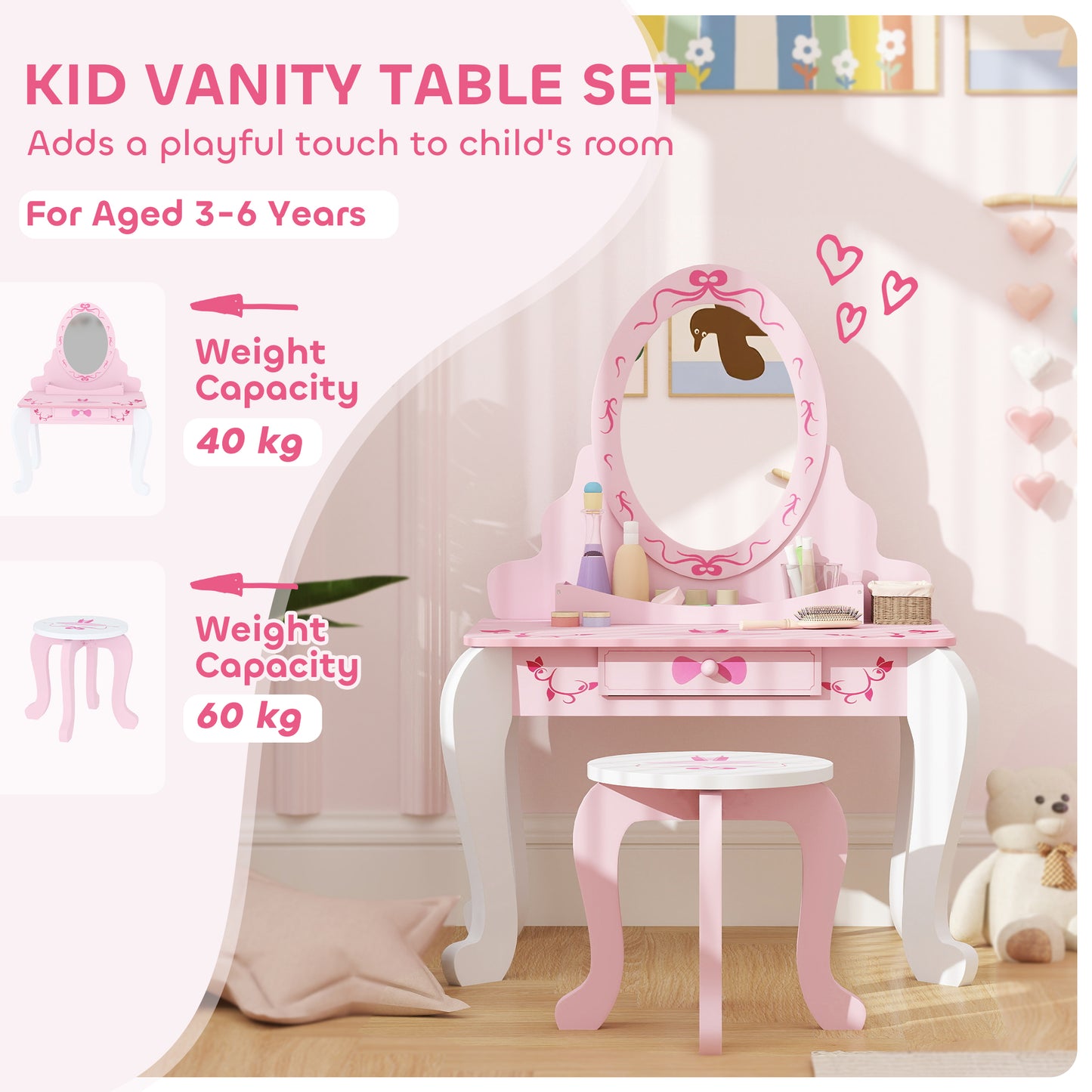 Kids Dressing Table Set, Vanity Table with Stool, Mirror, Drawer