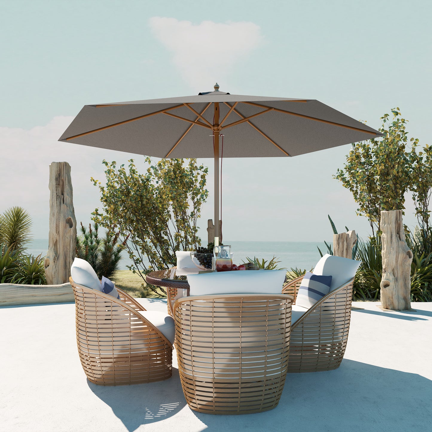 2.5m Wood Garden Parasol Sun Shade Patio Outdoor Wooden Umbrella