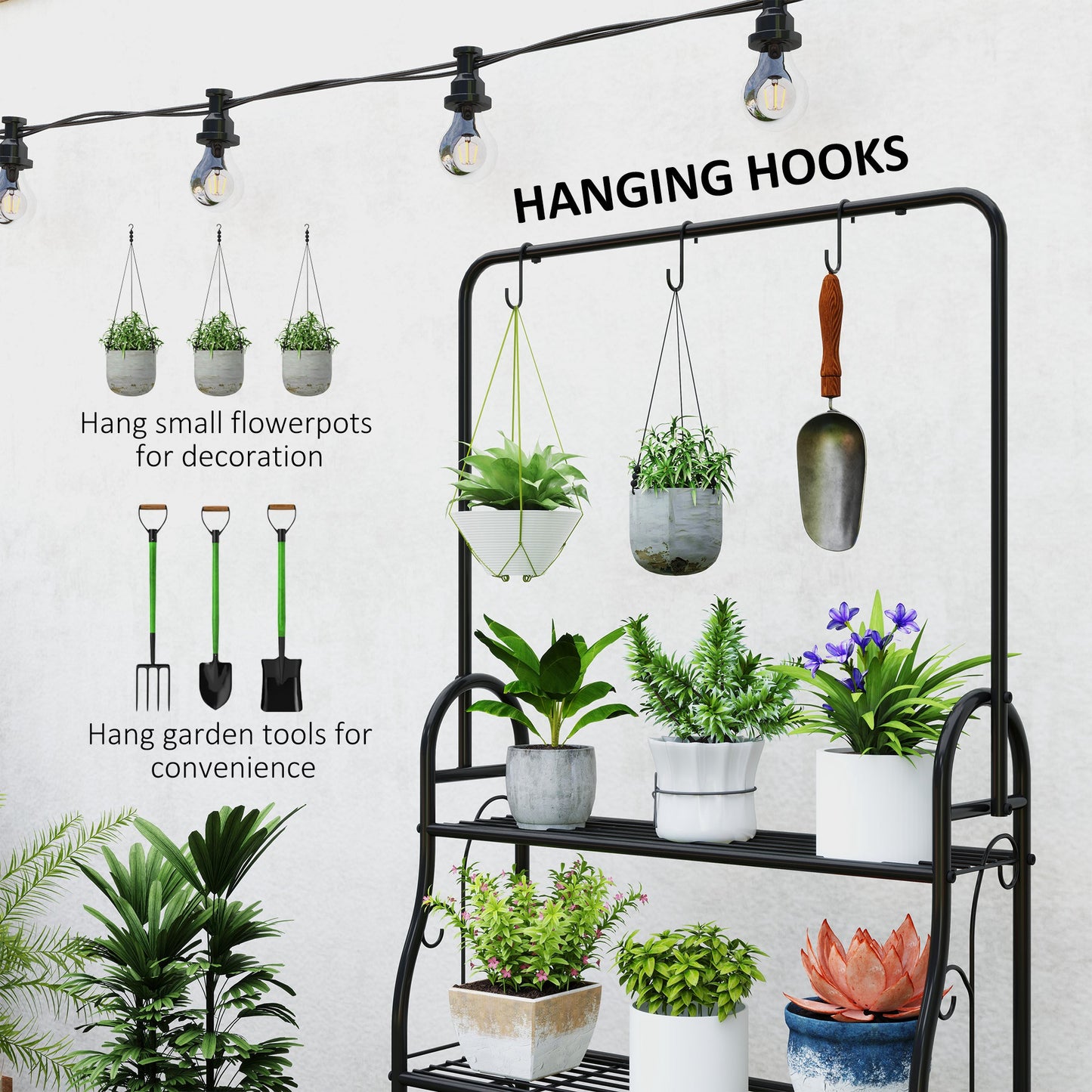3 Tier Plant Stand with Hanging Rod and Hooks