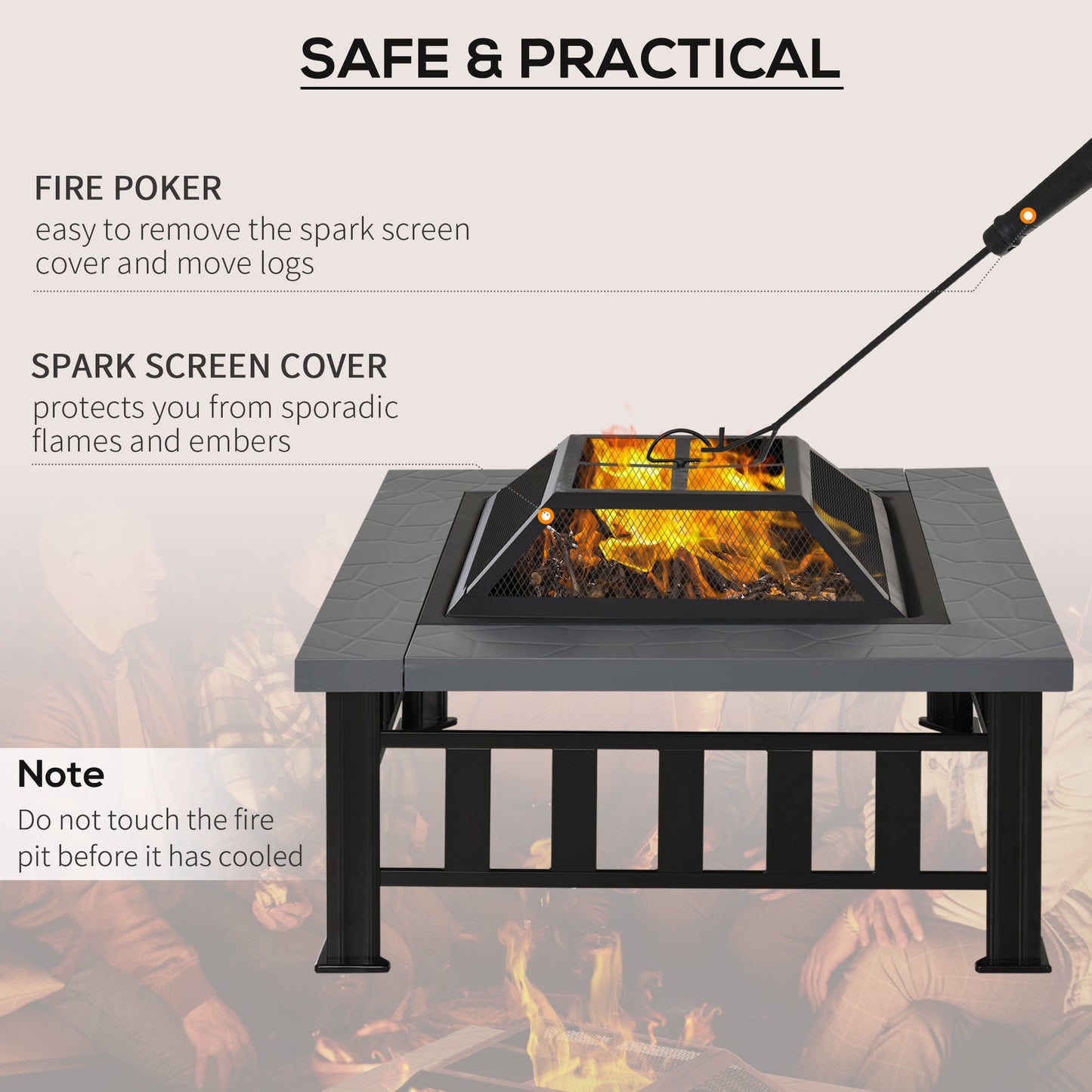 Metal Large Firepit Outdoor Square Fire Pit Brazier with Rain Cover
