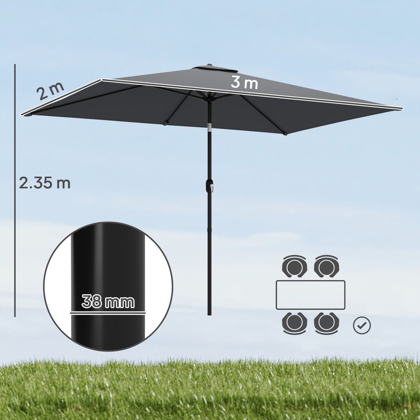 Garden Parasol, Parasol Umbrella with Crank Handle, Tilt Function