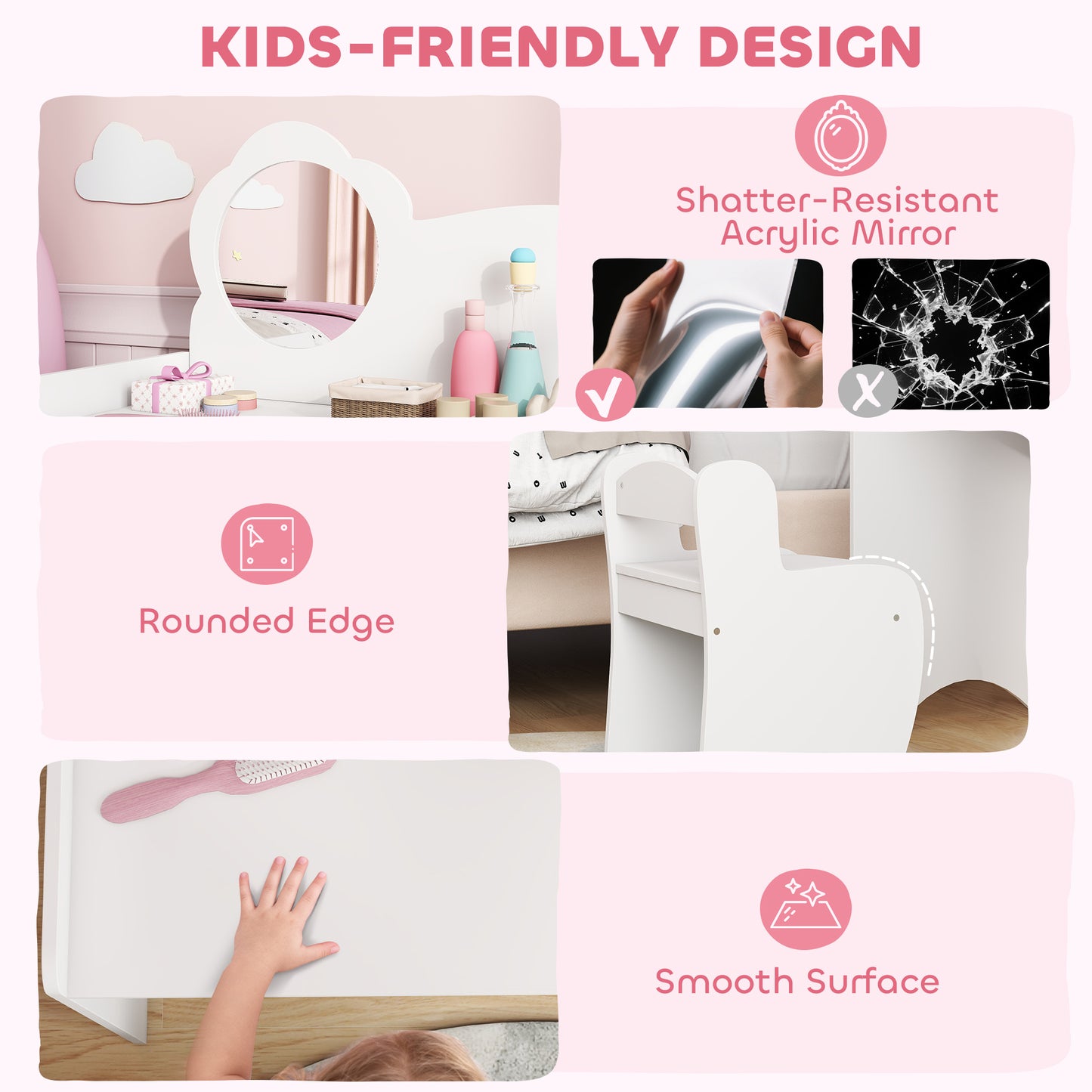 Kids Dressing Table with Mirror, Stool