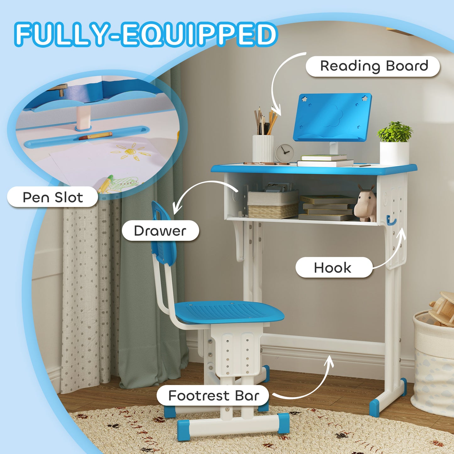 Kids Adjustable Desk and Chair Set, Book Stand, Pen Slot