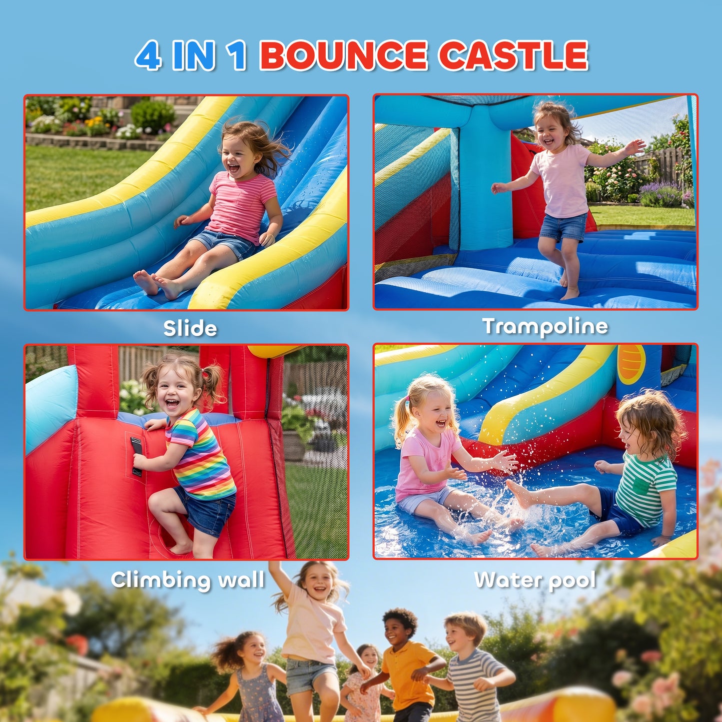 4-in-1 Bouncy Castle, with Slide, Trampoline, Climbing Wall, Blower