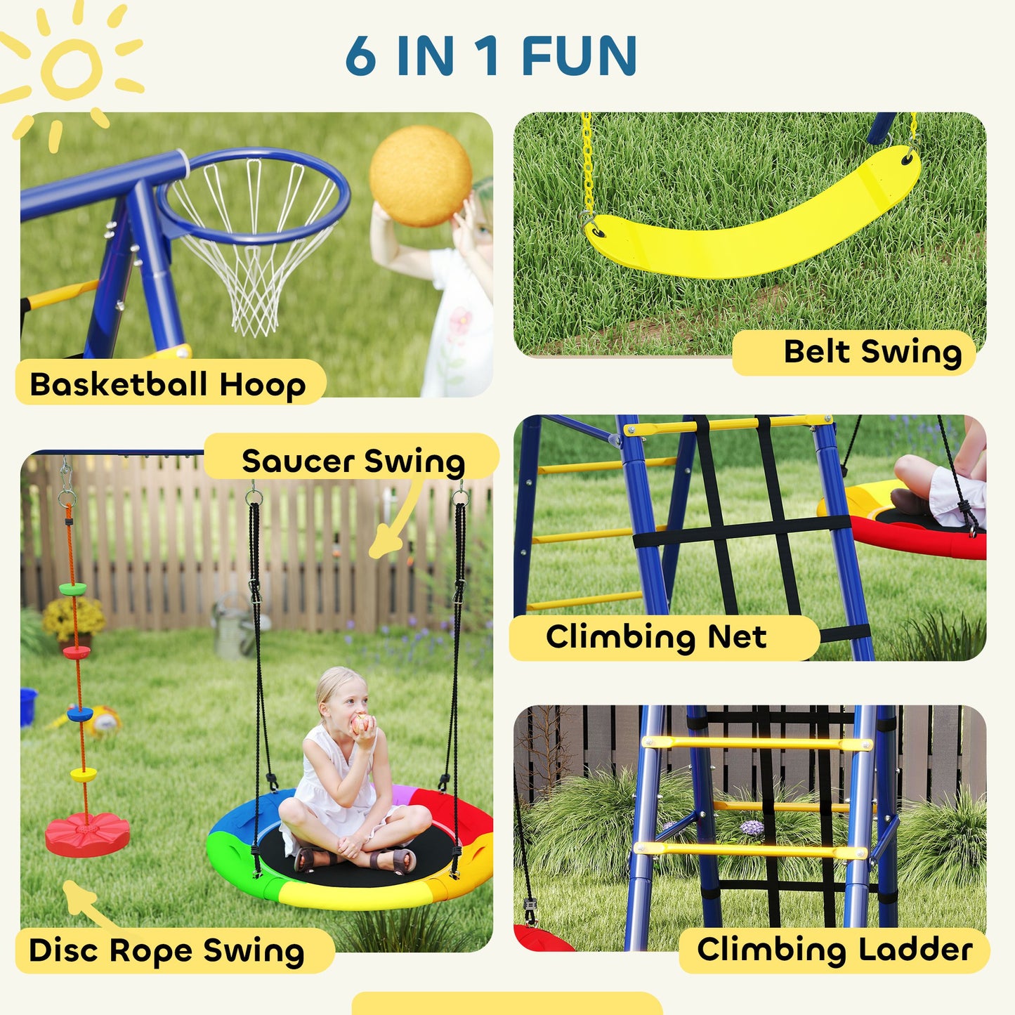 6 in 1 Metal Kids Swing Set with 3 Swings, Climbing Ladder & Net