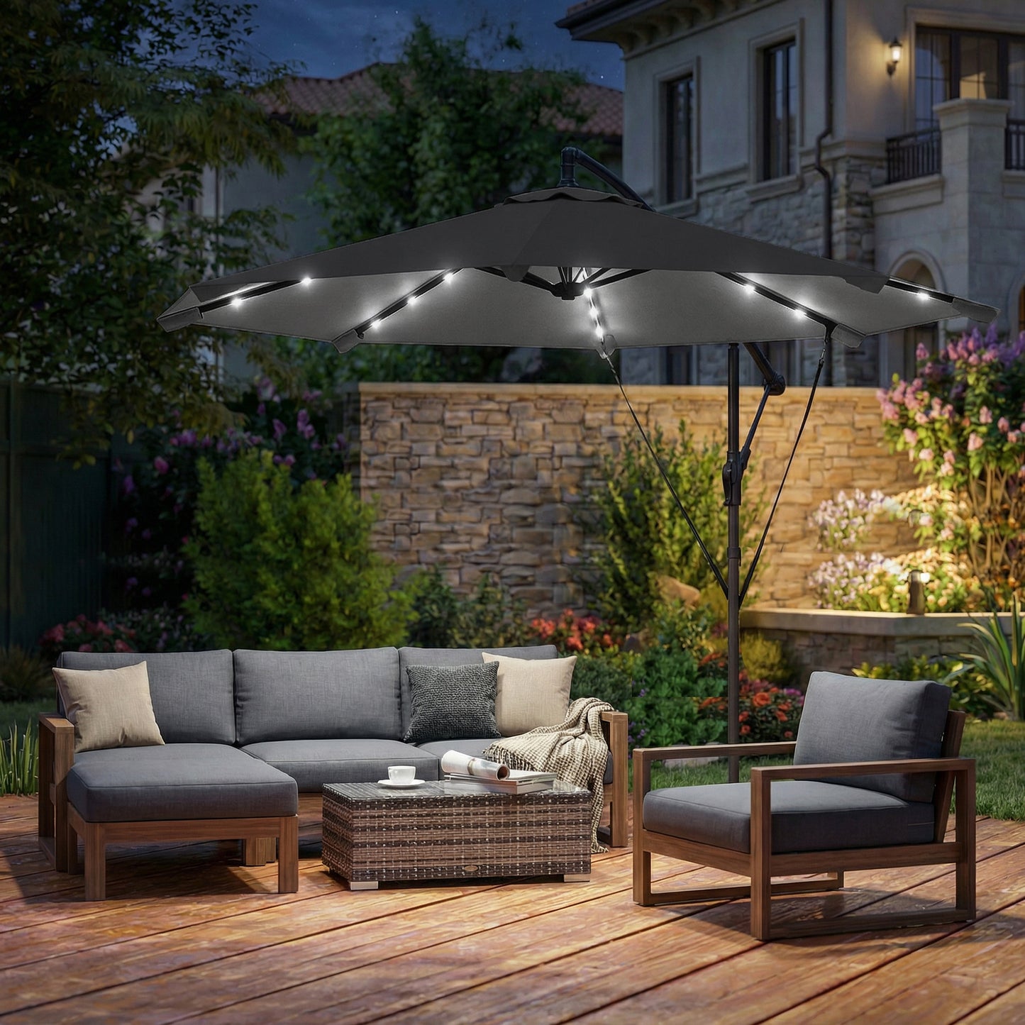 3 m Cantilever Parasol with Solar LED Lights Garden Umbrella