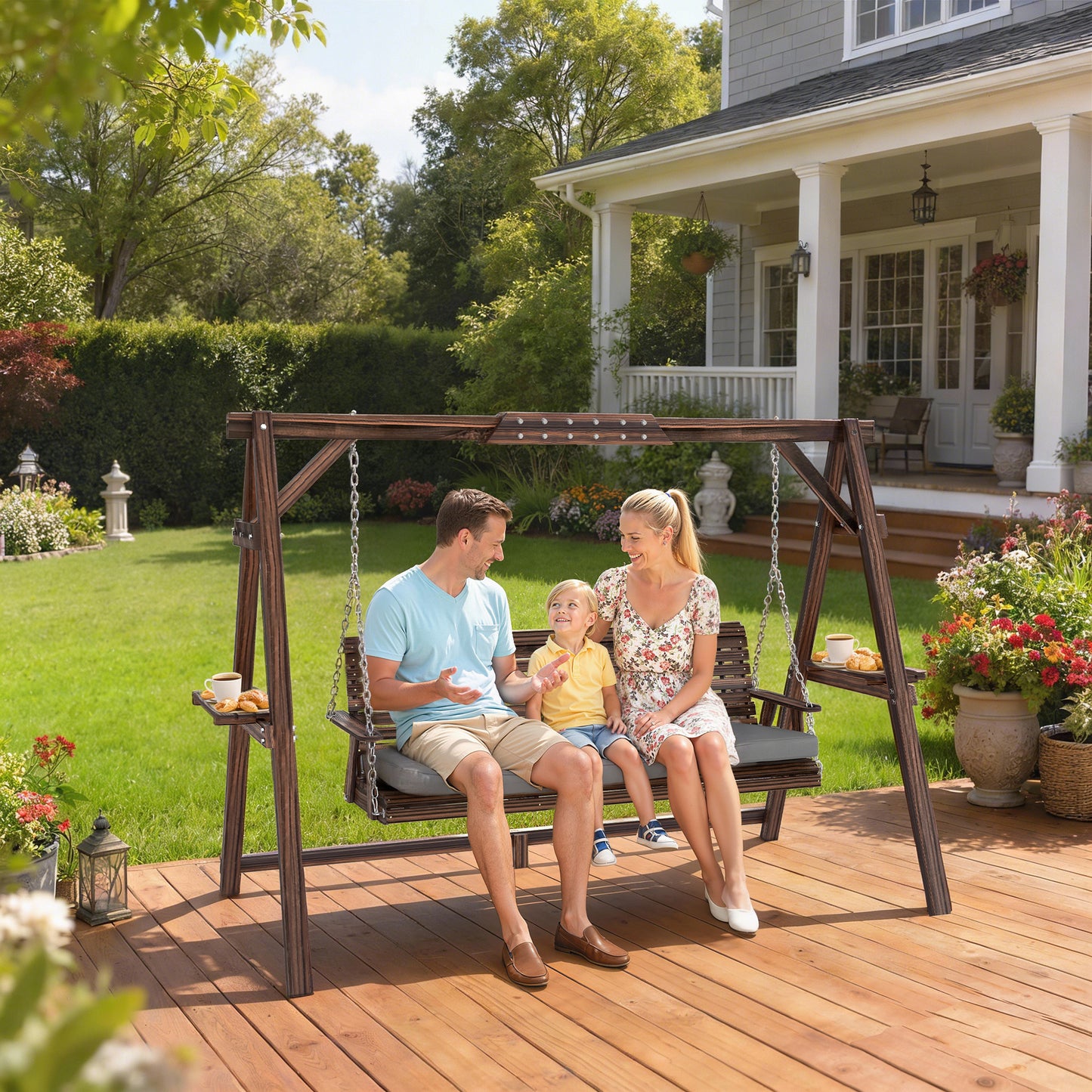 3 Seater Garden Swing Seat, Wooden Swing Chair Bench with Cushion
