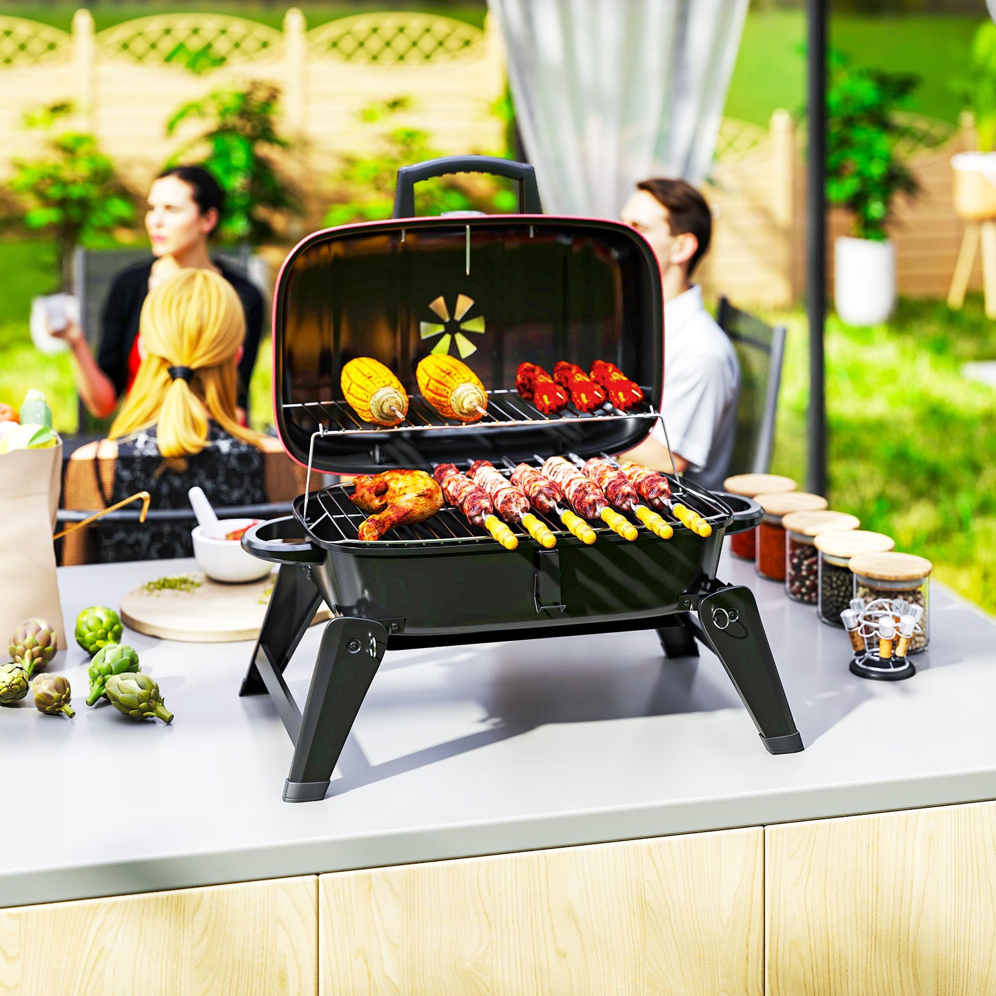 Charcoal Barbecue Grill Folding BBQ Grill with 1232 cm² Cooking Area