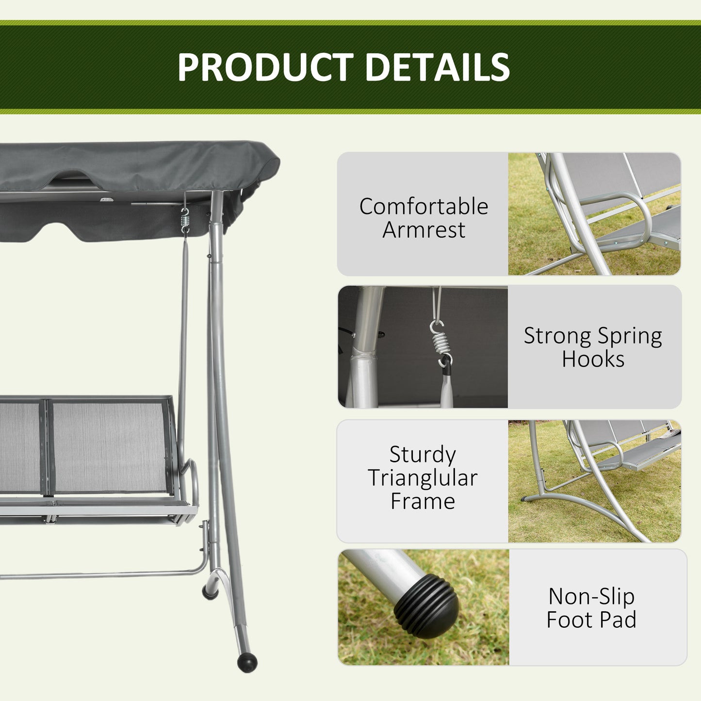 Three Person Steel Outdoor Porch Swing Chair Bench w/ Canopy Cover