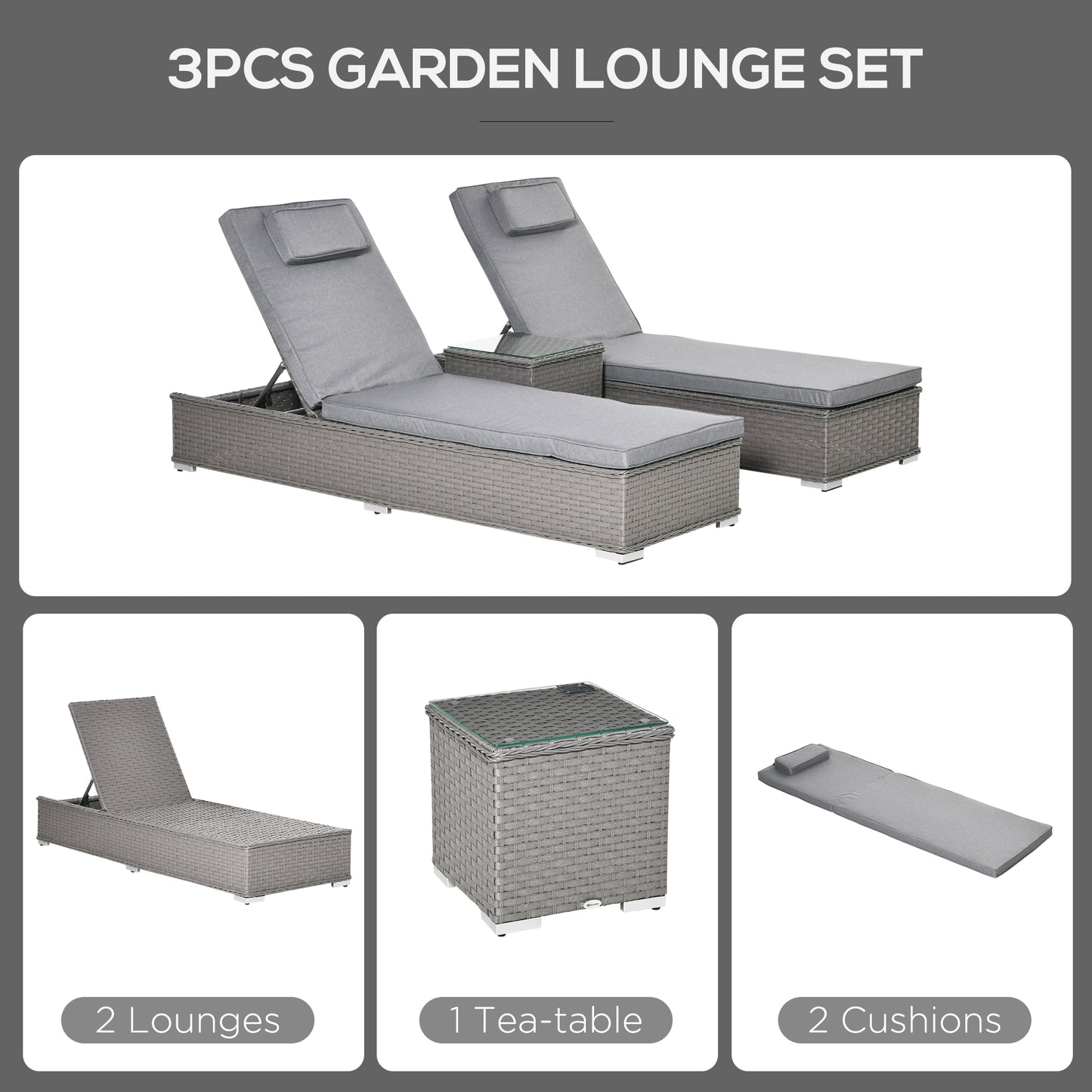 3 Pieces Rattan Sun Lounger Set with Aluminium Frame