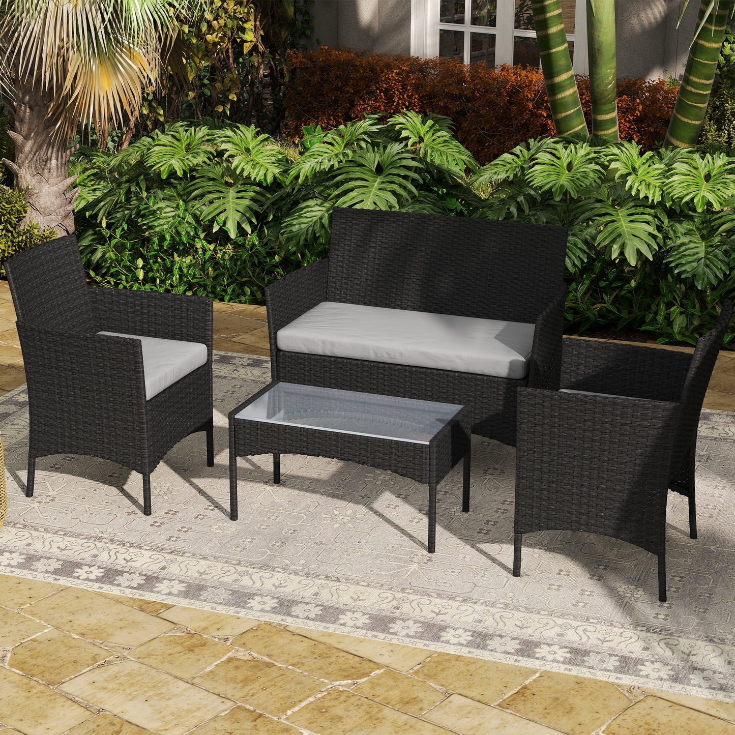 4 Piece Rattan Garden Furniture Sofa Set with Loveseat, Armchairs