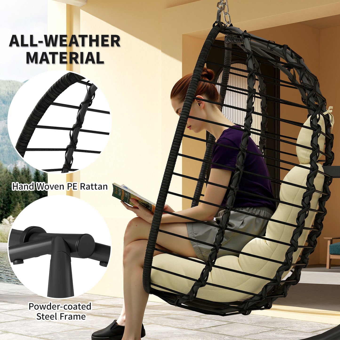 Rattan Hanging Egg Chair, Foldable Wicker Hammock Swing Chair