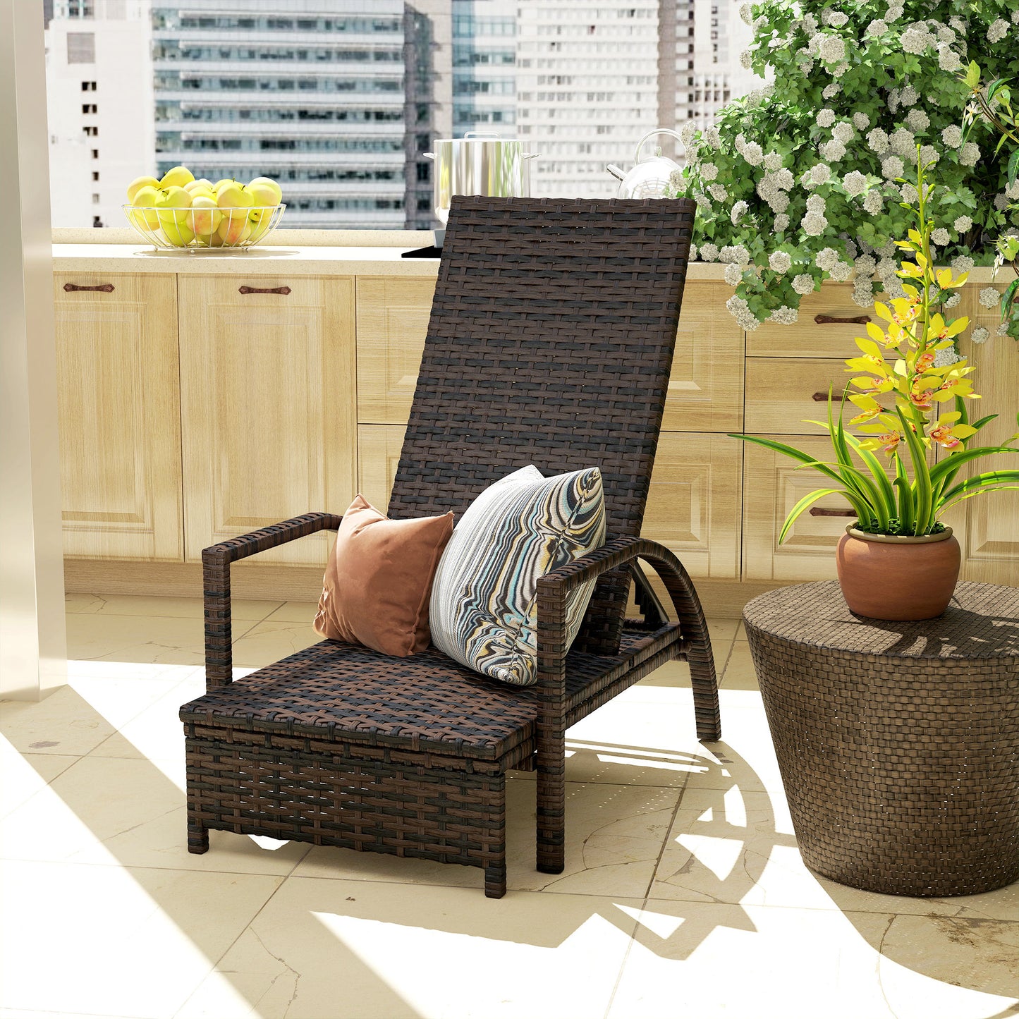 Reclining Rattan Lounger, with Extending Footrest