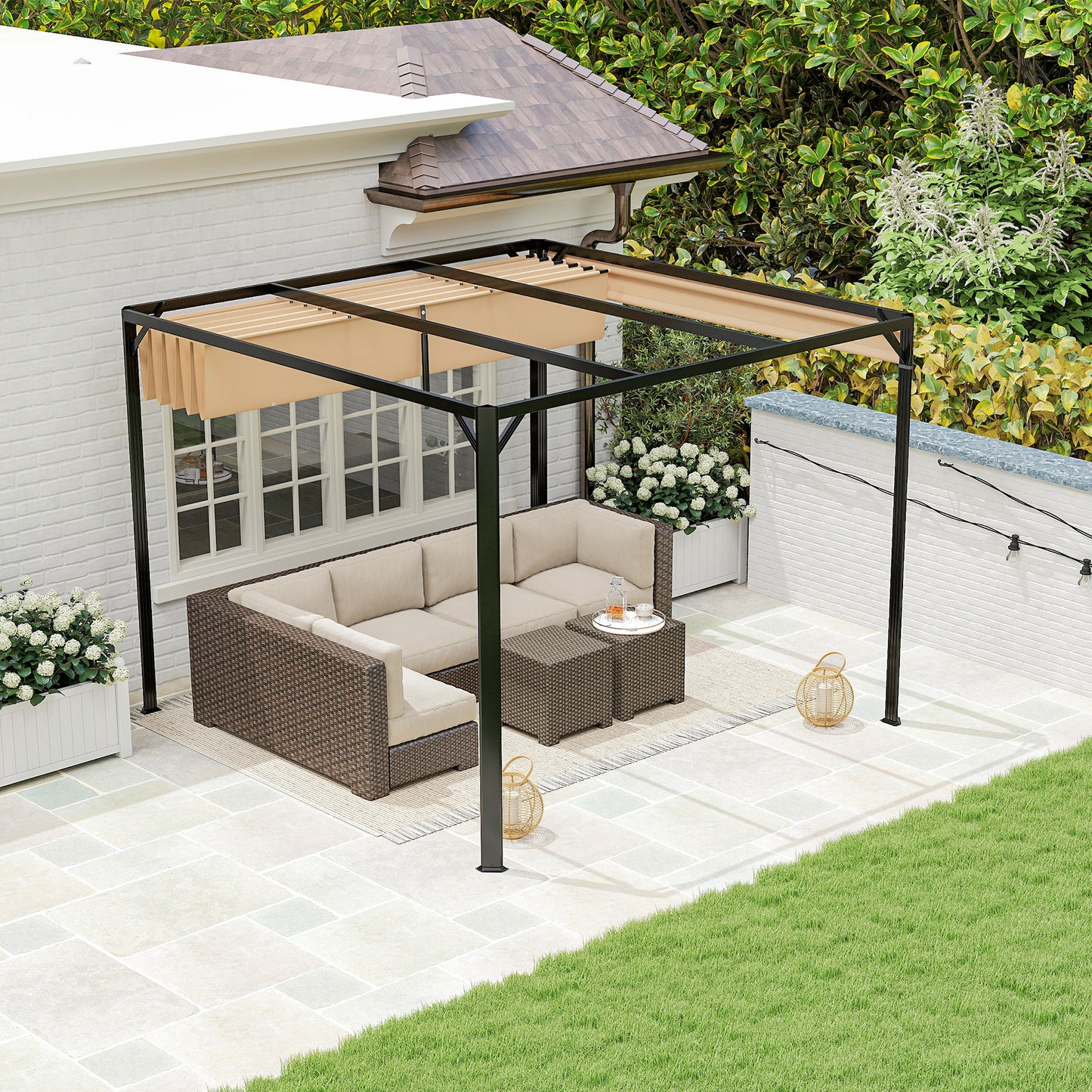 3 x 3m Aluminium Pergola, with Retractable Roof and Wall