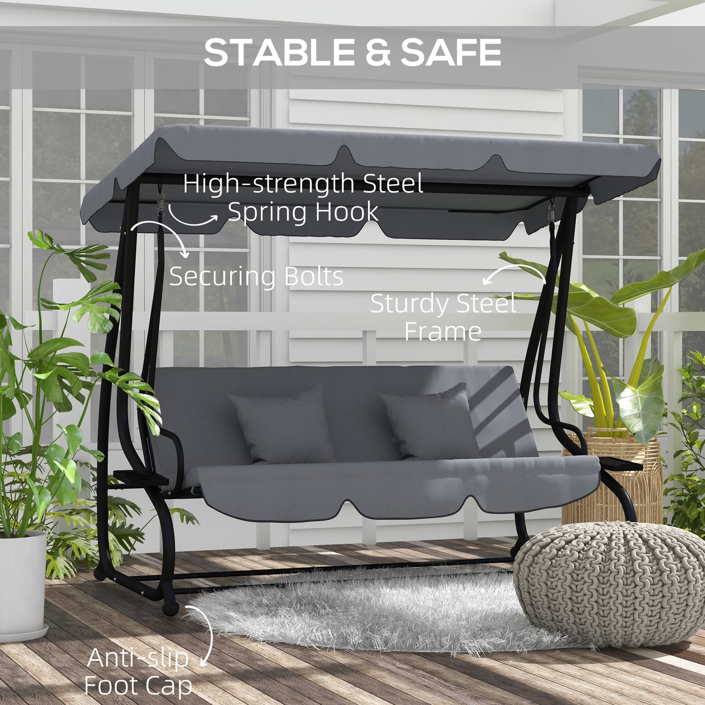 Three-Person garden Swing Chair, with Adjustable Canopy