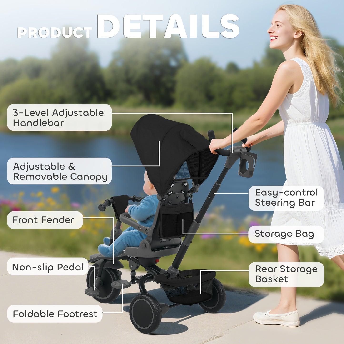 6 in 1 Foldable Kids Trike with Adjustable Parent Handle & Canopy